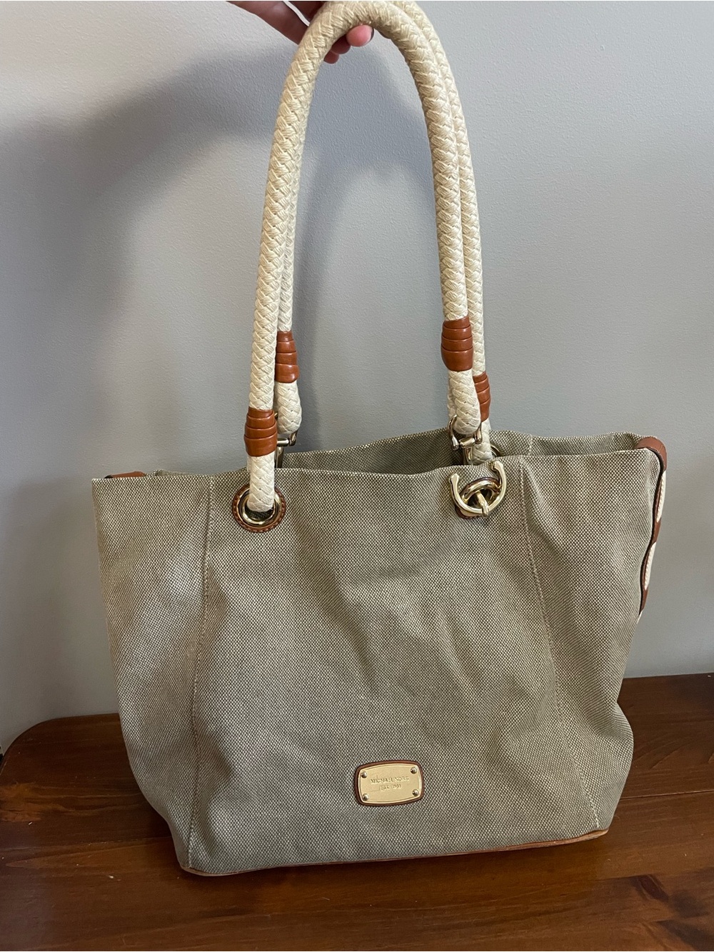 Michael Kors Beige Canvas Tote with Cream Braided Handles and Brown Accents